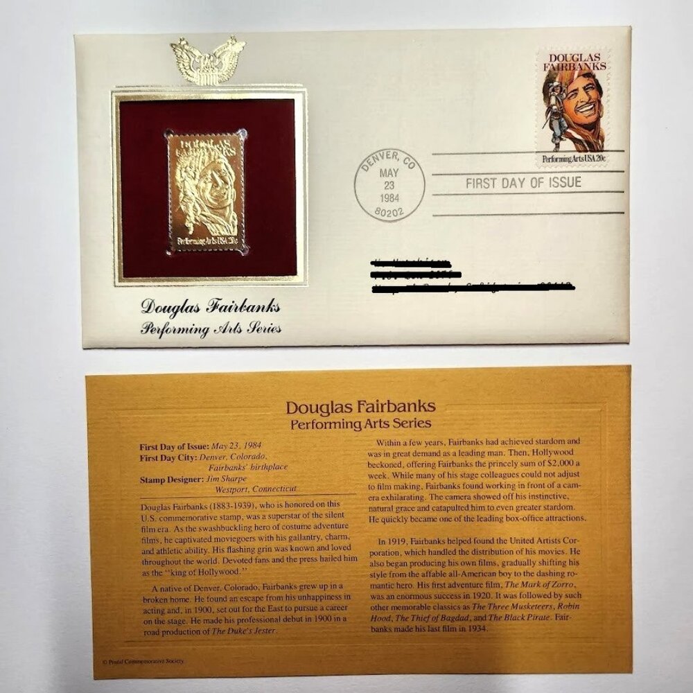 Douglas Fairbanks Actor Performing Arts 1984 1st Day USPS 22KT GOLD STAMP